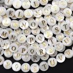 AAA Iridescent Hand Made Natural White Mother of Pearl Shell Beads 8mm Coin Gold 26 Alphabet Letter 8" Strand