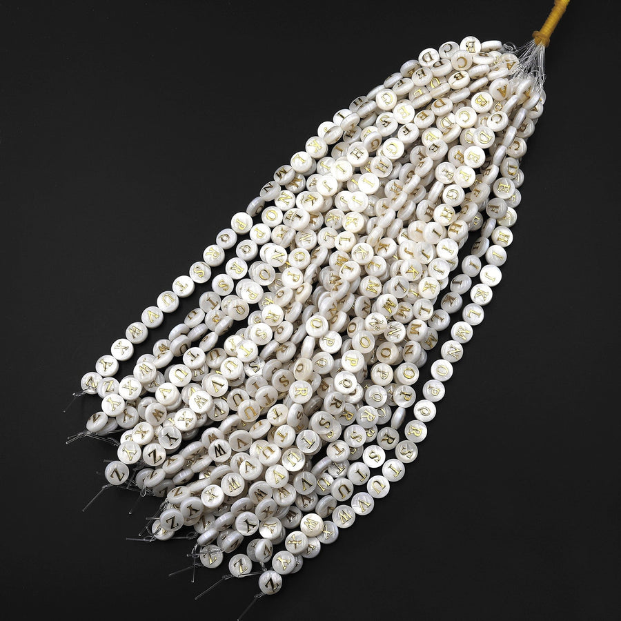 AAA Iridescent Hand Made Natural White Mother of Pearl Shell Beads 8mm Coin Gold 26 Alphabet Letter 8" Strand