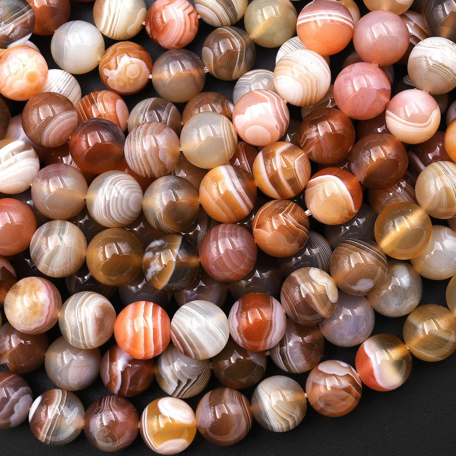 Rare Natural Fiery Orange Red Botswana Agate Round Beads 8mm 10mm Amazing Veins Bands 15.5" Strand