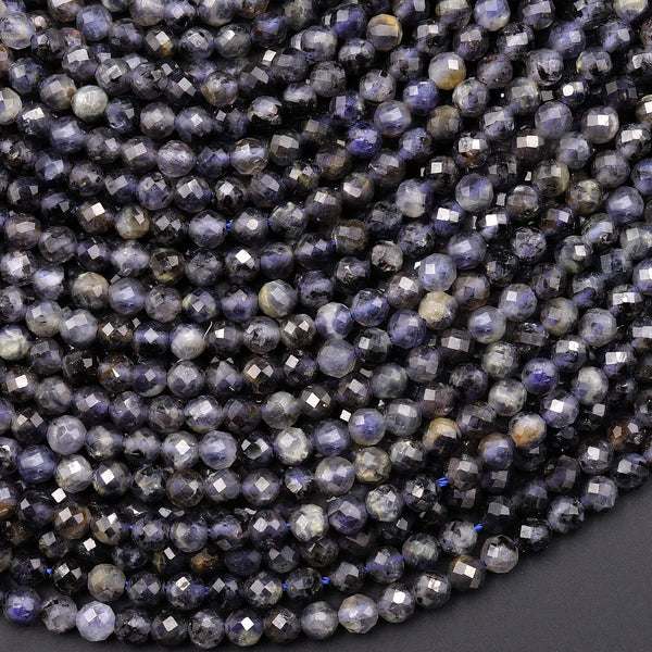 Natural Iolite 4mm Round Beads Micro Faceted Gemstone 15.5" Strand