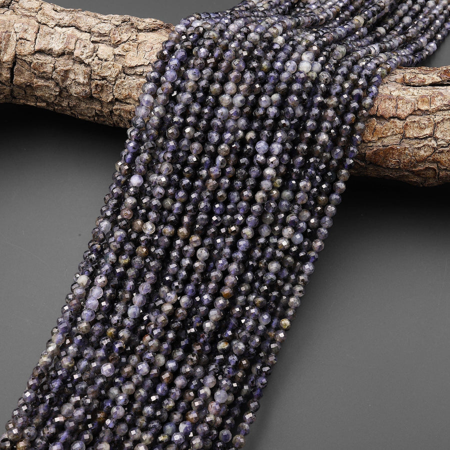 Natural Iolite 4mm Round Beads Micro Faceted Gemstone 15.5" Strand