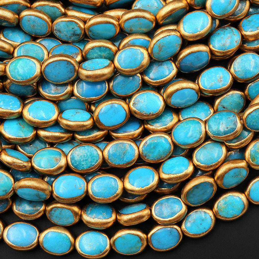 Genuine Natural Turquoise Gold Copper Edging Oval Beads Choose from 5pcs, 10pcs 16" Strand