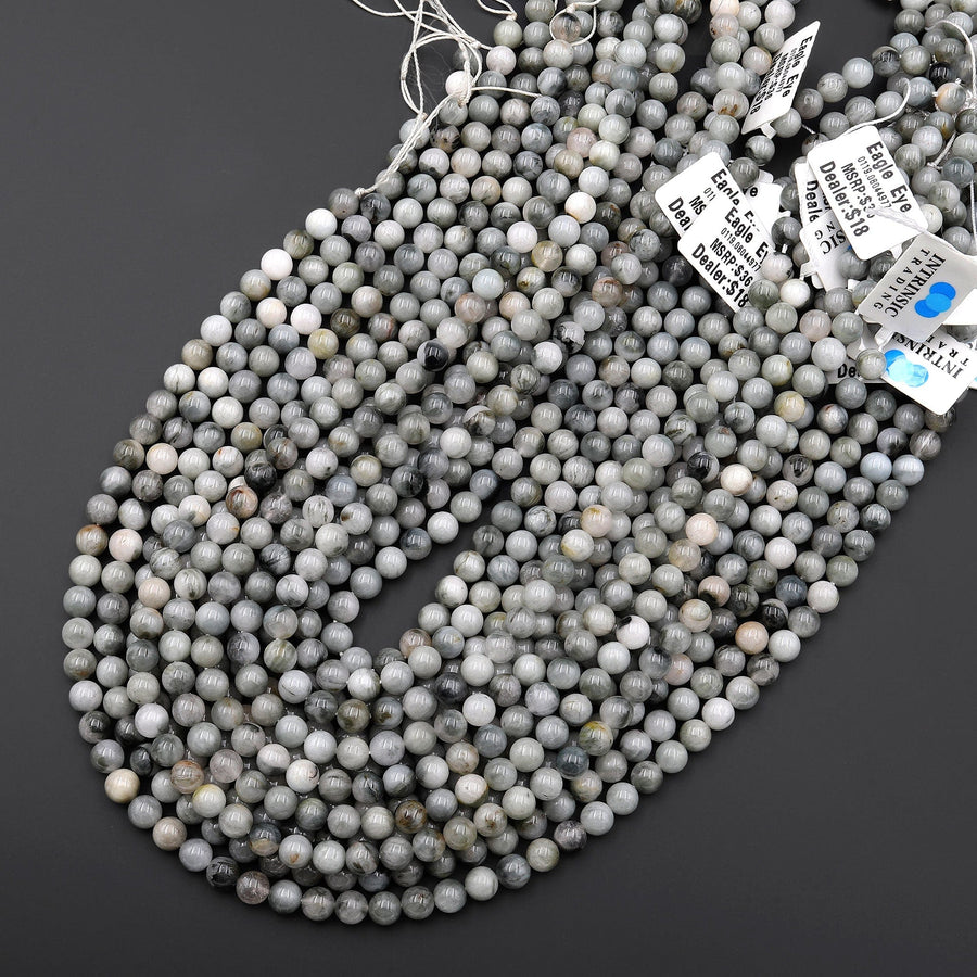 Natural Eagle Eye Beads 4mm 6mm 8mm 10mm Round Creamy Gray Slate Colors 15.5" Strand