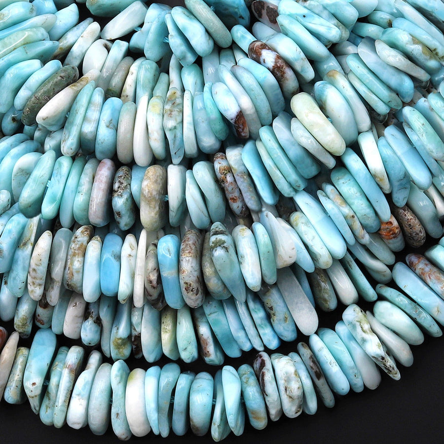 Genuine Natural Blue Larimar Beads Freeform Rondelle Nuggets Large Chunky Center Dilled Freeform Chip Gemstone 15.5" Strand