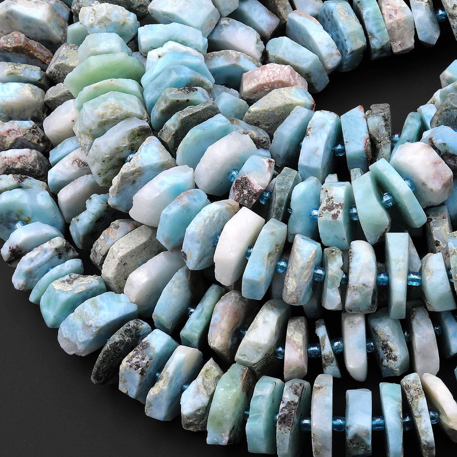 Huge Large Natural Blue Larimar Heishi Wheel Disc Rondelle Bead Center Drilled Slice Raw Rough Hand Chiseled Organic Cut 15.5" Strand