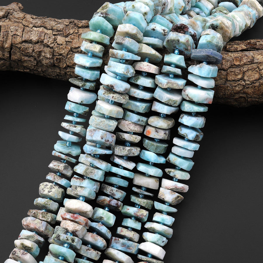 Huge Large Natural Blue Larimar Heishi Wheel Disc Rondelle Bead Center Drilled Slice Raw Rough Hand Chiseled Organic Cut 15.5" Strand