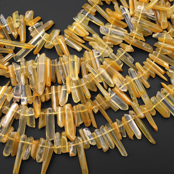 Natural Golden Yellow Hematoid Quartz Beads Top Side Drilled Thin Fine Crystal Point Spike 15.5" Strand