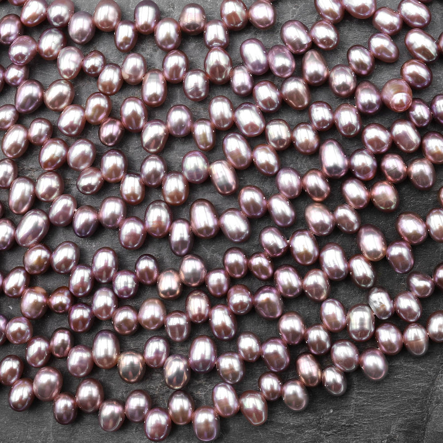 AAA 4x6mm Genuine Silvery Mauve Purple Freshwater Rice Pearl Top Side Drilled Good for Earrings 14" Strand