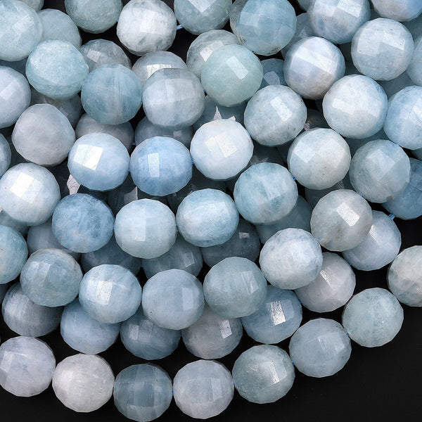 Geometric Lantern Faceted Natural Blue Aquamarine 10mm Round Beads 15.5" Strand