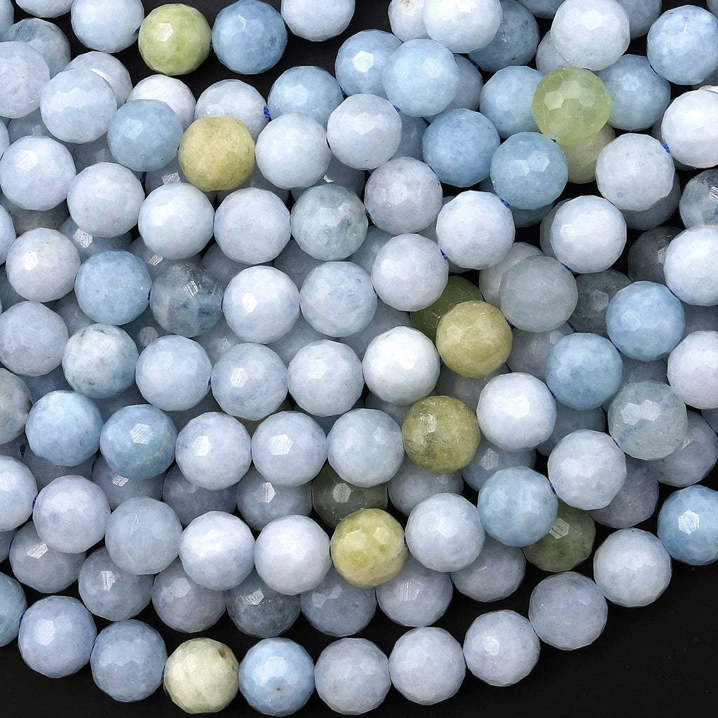 Faceted Natural Aquamarine 6mm 8mm 10mm Round Beads Laser Diamond Cut Gemstone 15.5" Strand