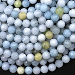 Faceted Natural Aquamarine 6mm 8mm 10mm Round Beads Laser Diamond Cut Gemstone 15.5" Strand