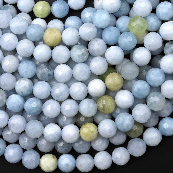 Faceted Natural Aquamarine 6mm 8mm 10mm Round Beads Laser Diamond Cut Gemstone 15.5" Strand