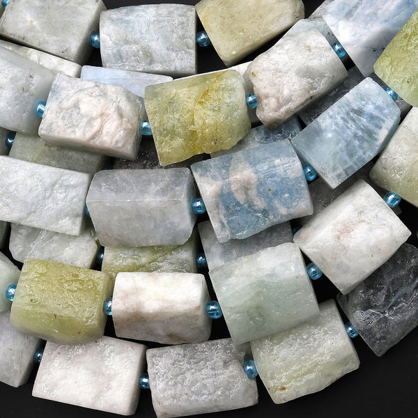 Natural Aquamarine Beads Rectangle Brick Cube Hand Cut Gemstone 15.5" Strand