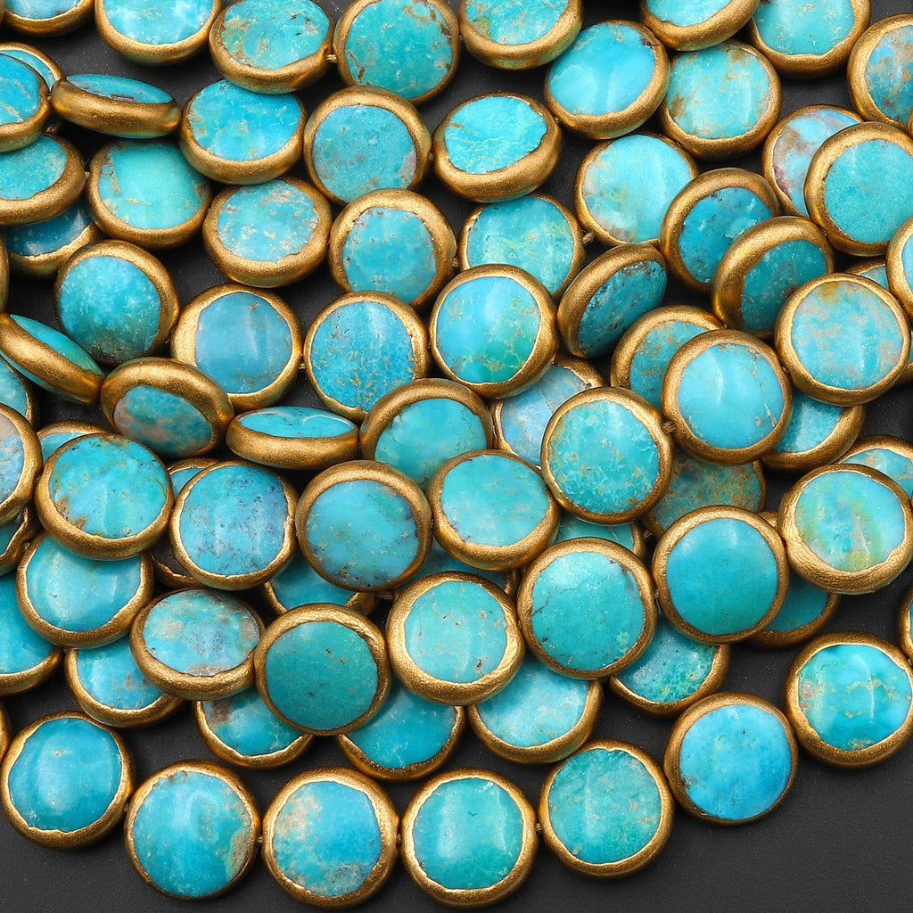 Genuine 100% Natural Blue Green Turquoise Gold Copper Edging Coin Beads Choose from 5pcs, 10pcs 15.5" Strand