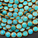 Genuine 100% Natural Blue Green Turquoise Gold Copper Edging Coin Beads Choose from 5pcs, 10pcs 15.5" Strand