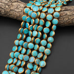 Genuine 100% Natural Blue Green Turquoise Gold Copper Edging Coin Beads Choose from 5pcs, 10pcs 15.5" Strand