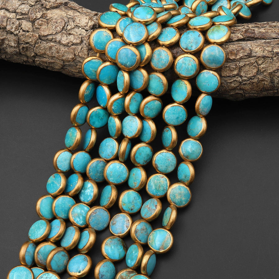 Genuine 100% Natural Blue Green Turquoise Gold Copper Edging Coin Beads Choose from 5pcs, 10pcs 15.5" Strand