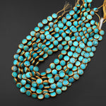Genuine 100% Natural Blue Green Turquoise Gold Copper Edging Coin Beads Choose from 5pcs, 10pcs 15.5" Strand