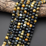 Natural Blue Blonde Tiger Eye Beads Smooth 4mm 6mm 8mm 10mm Round Amazing Chatoyance 15.5" Strand