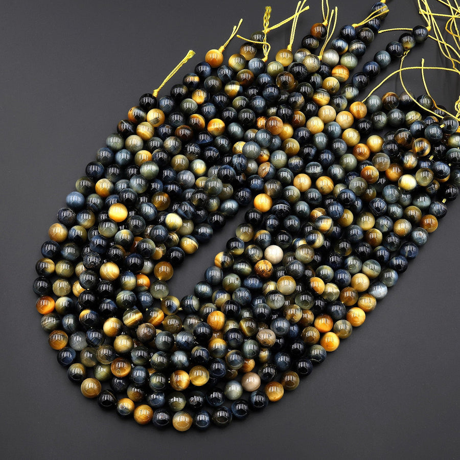 Natural Blue Blonde Tiger Eye Beads Smooth 4mm 6mm 8mm 10mm Round Amazing Chatoyance 15.5" Strand