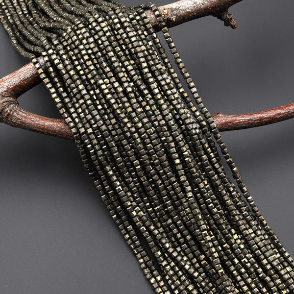 AAA Natural Iron Pyrite Faceted 2mm 3mm Cube Beads Diamond Cut Gemstone 15.5" Strand