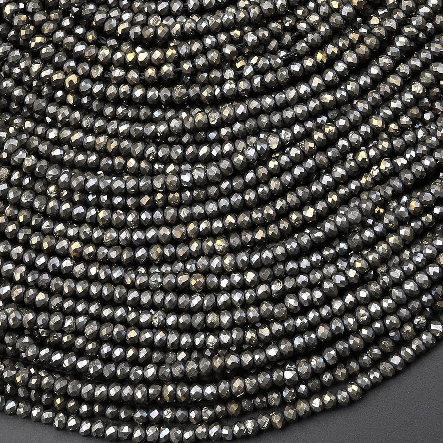 Micro Faceted Natural Iron Pyrite Faceted 2mm 3mm Rondelle Beads Diamond Cut Gemstone 15.5" Strand
