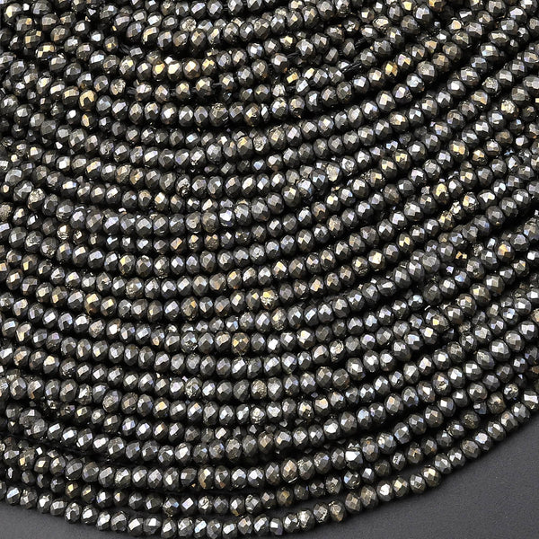 Micro Faceted Natural Iron Pyrite Faceted 2mm 3mm Rondelle Beads Diamond Cut Gemstone 15.5" Strand