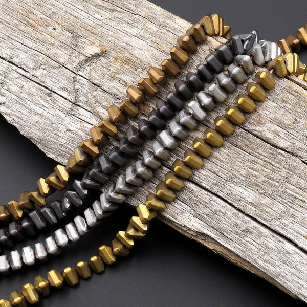 Matte Titanium Hematite 4mm Center Drilled Triangle Spike Spacer Beads Silver Gold Bronze Copper Gunmetal Black Colors 15.5" Strand