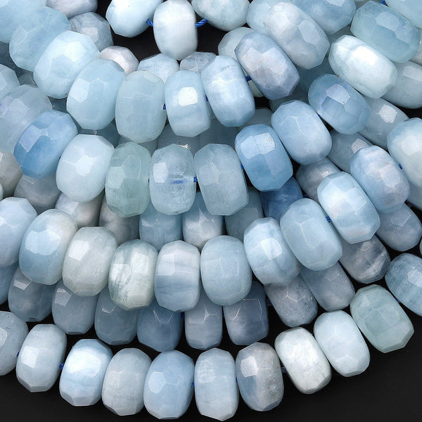 Large Faceted Natural Blue Aquamarine Rondelle Thick Wheel 10mm 12mm Beads 15.5" Strand
