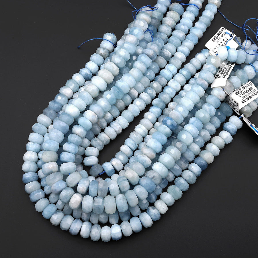 Large Faceted Natural Blue Aquamarine Rondelle Thick Wheel 8mm 9mm 10mm 12mm Beads 15.5" Strand