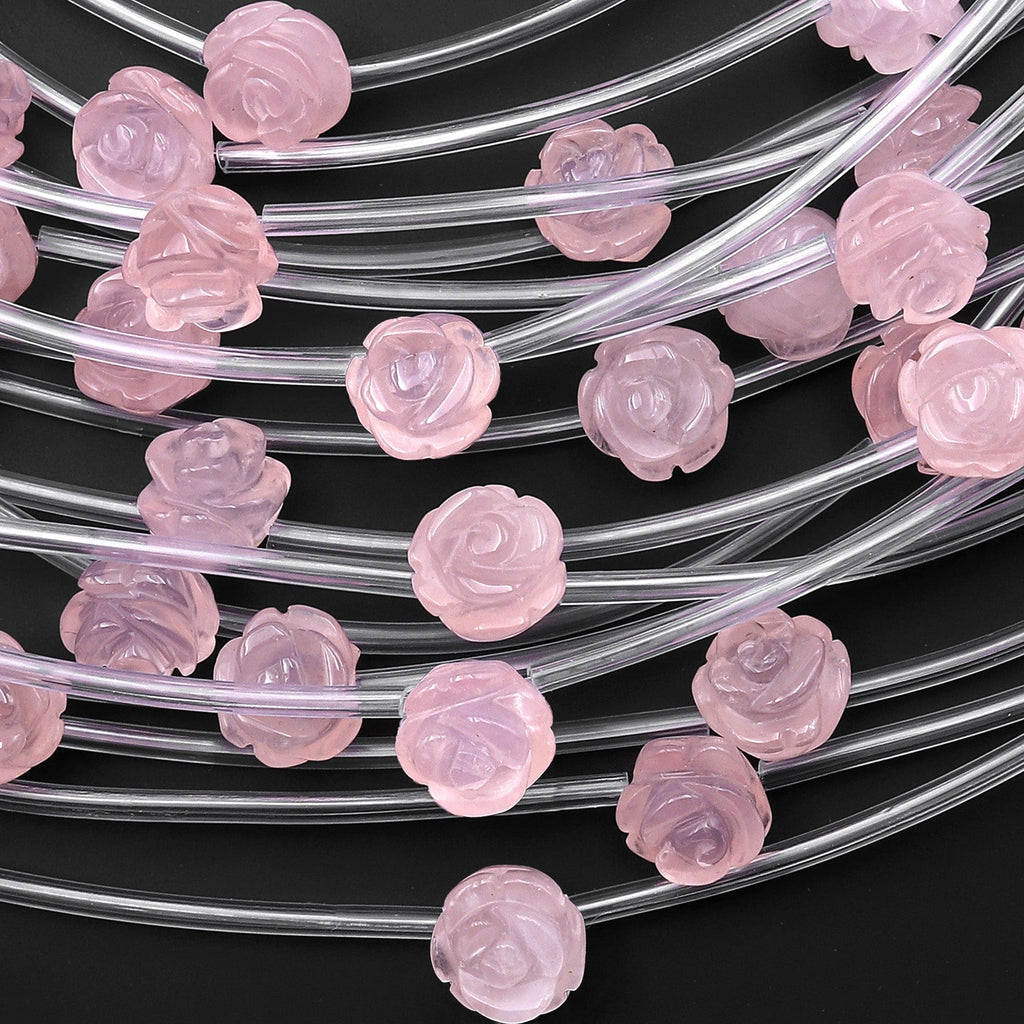 Natural Pink Rose Quartz Hand Carved Rose Flower Gemstone Beads 8mm 10mm 12mm 14mm Choose from 5pcs, 10pcs