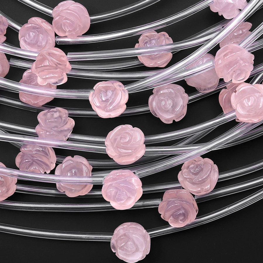 Natural Pink Rose Quartz Hand Carved Rose Flower Gemstone Beads 8mm 10mm 12mm 14mm Choose from 5pcs, 10pcs