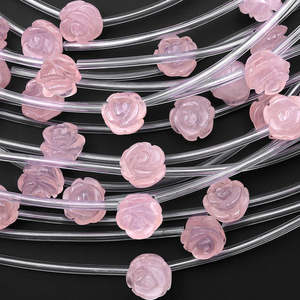 Natural Pink Rose Quartz Hand Carved Rose Flower Gemstone Beads 8mm 10mm 12mm 14mm Choose from 5pcs, 10pcs