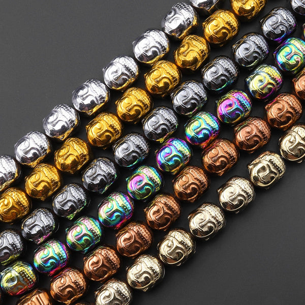 Titanium Hematite Carved Buddha Head Beads 10mm Shiny Metallic Bronze Gold Gunmetal Black Silver Rainbow Champagne Colors  8" Strand