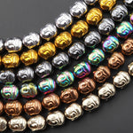 Titanium Hematite Carved Buddha Head Beads 10mm Shiny Metallic Bronze Gold Gunmetal Black Silver Rainbow Champagne Colors  8" Strand
