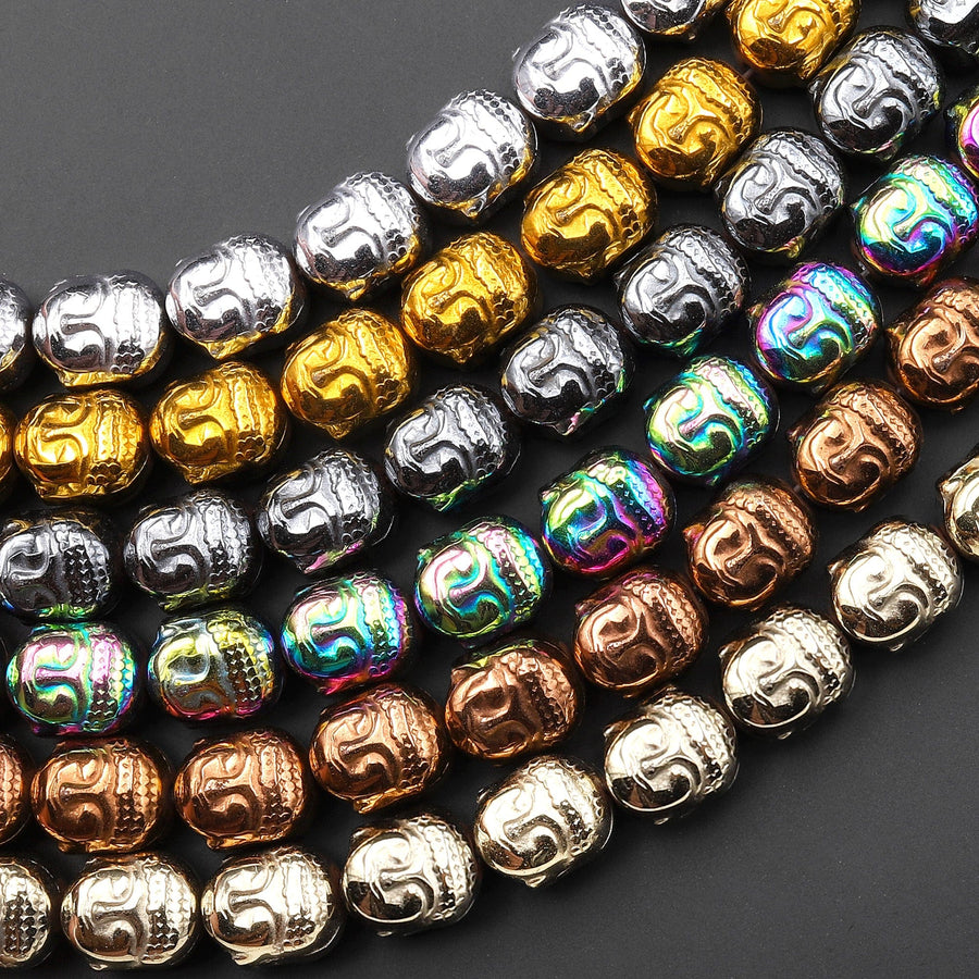 Titanium Hematite Carved Buddha Head Beads 10mm Shiny Metallic Bronze Gold Gunmetal Black Silver Rainbow Champagne Colors  8" Strand