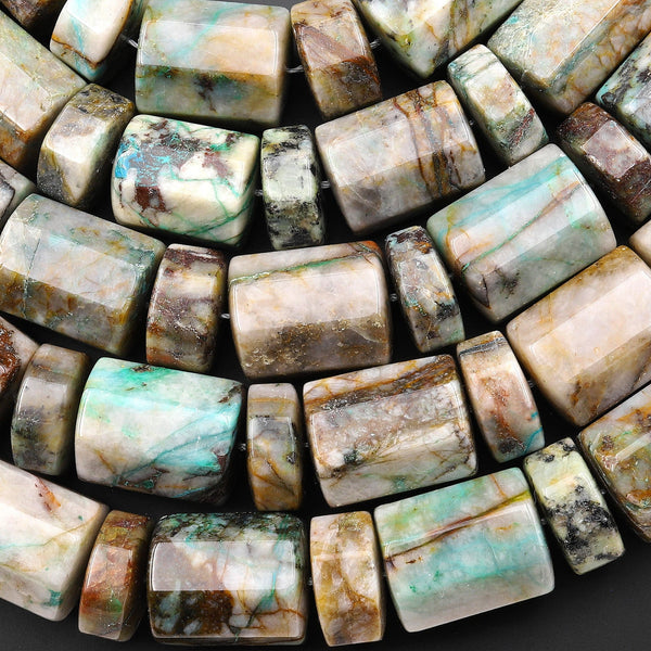 Rare Natural Chrysocolla in Quartz Beads Large Faceted Octagon Cylinder Barrel Tube Nuggets From Arizona 16" Strand