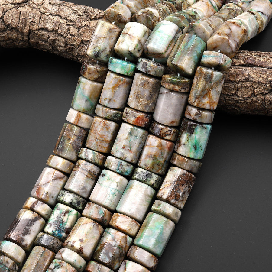 Rare Natural Chrysocolla in Quartz Beads Large Faceted Octagon Cylinder Barrel Tube Nuggets From Arizona 16" Strand