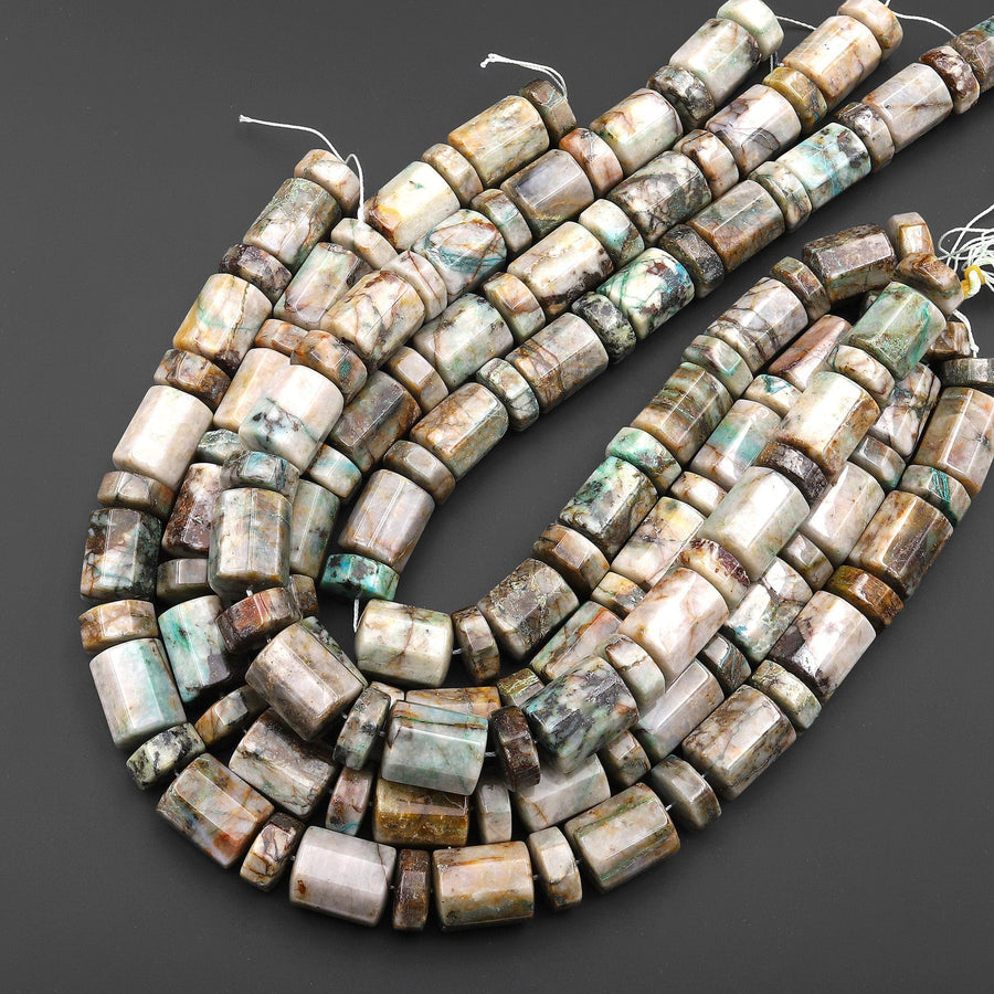 Rare Natural Chrysocolla in Quartz Beads Large Faceted Octagon Cylinder Barrel Tube Nuggets From Arizona 16" Strand