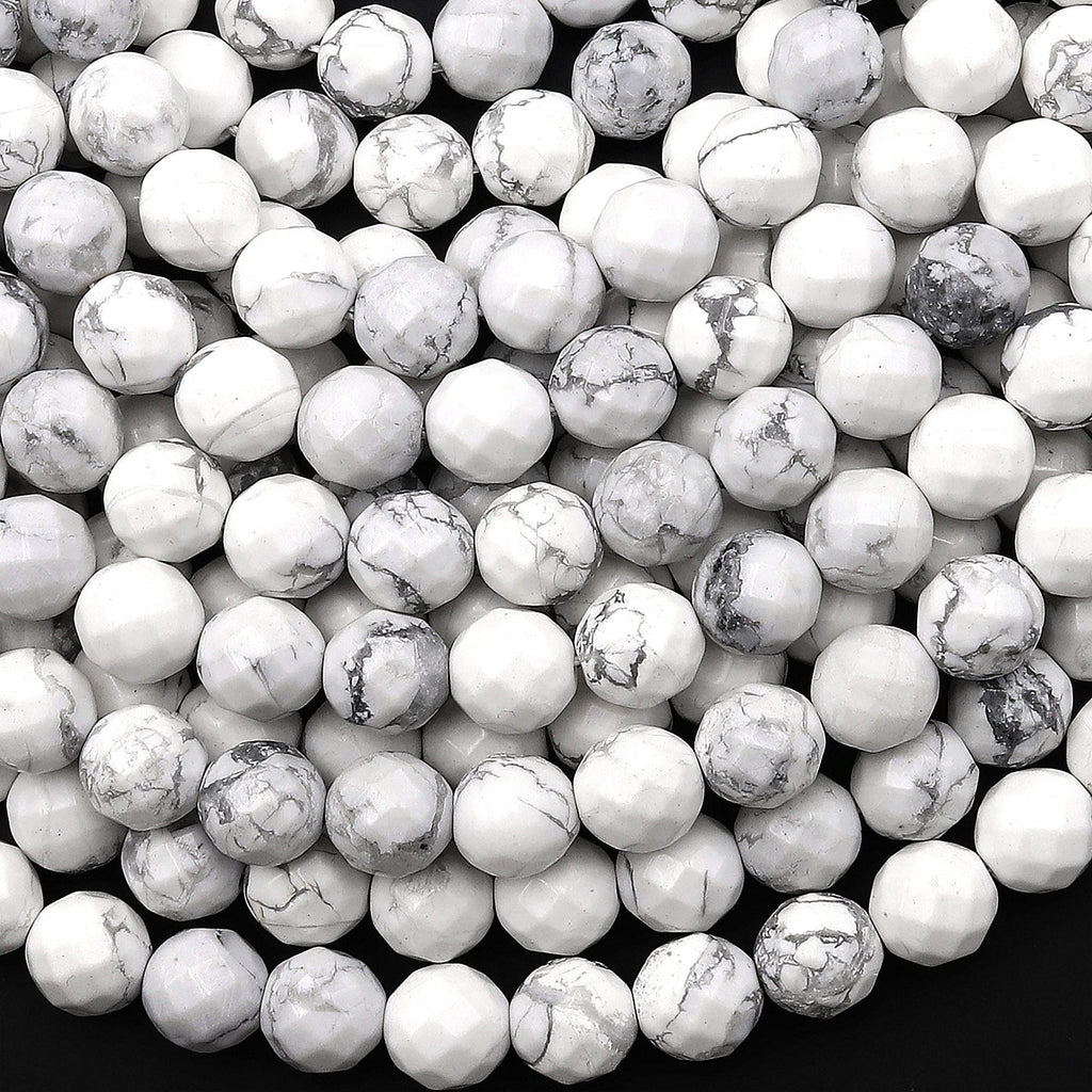 Faceted Natural White Howlite 6mm 8mm 10mm Round Beads 15.5" Strand