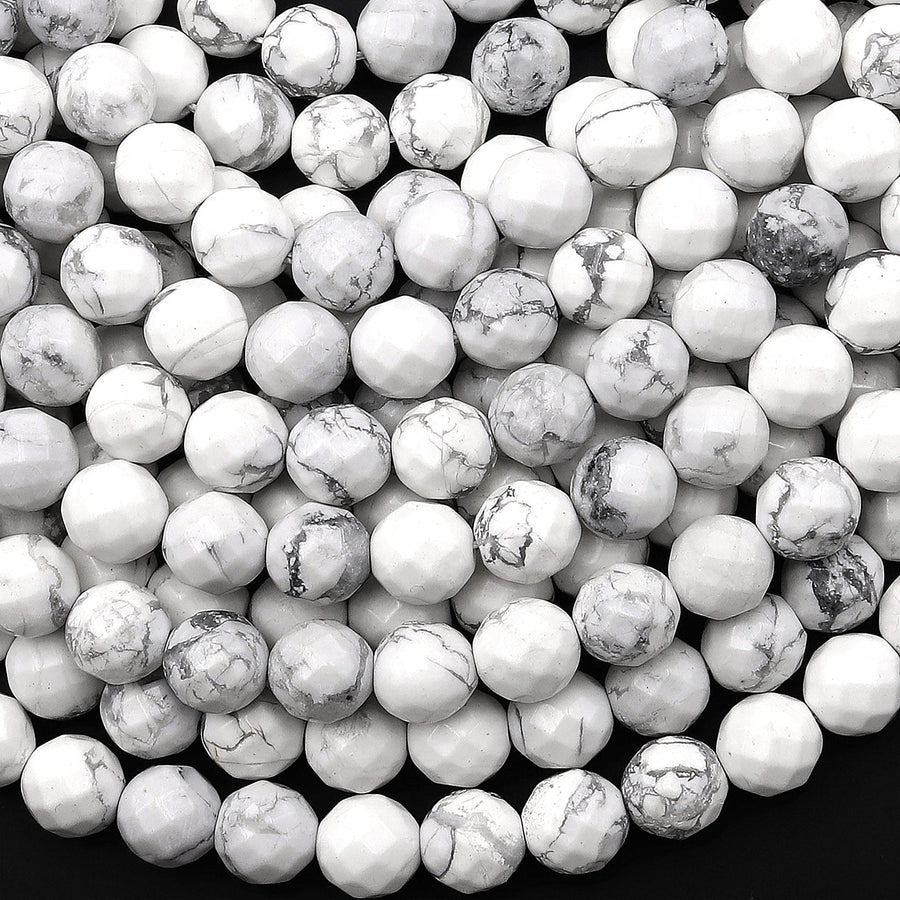 Faceted Natural White Howlite 6mm 8mm 10mm Round Beads 15.5" Strand