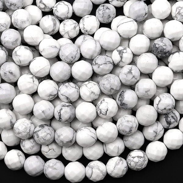 Faceted Natural White Howlite 6mm 8mm 10mm Round Beads 15.5" Strand