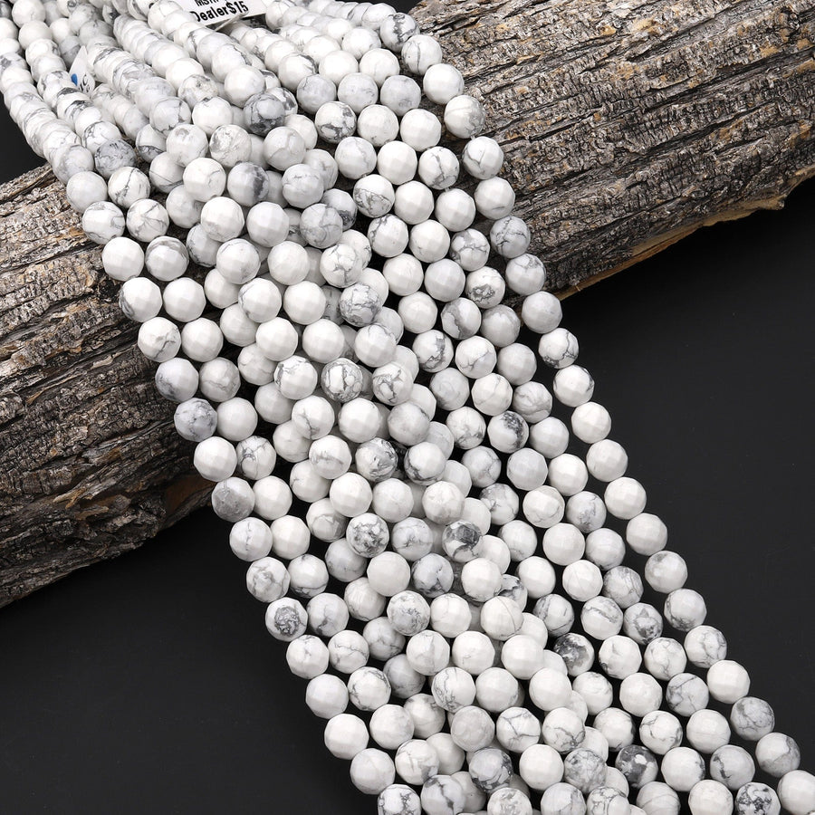 Faceted Natural White Howlite 6mm 8mm 10mm Round Beads 15.5" Strand