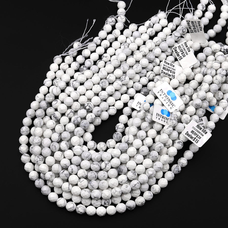 Faceted Natural White Howlite 6mm 8mm 10mm Round Beads 15.5" Strand