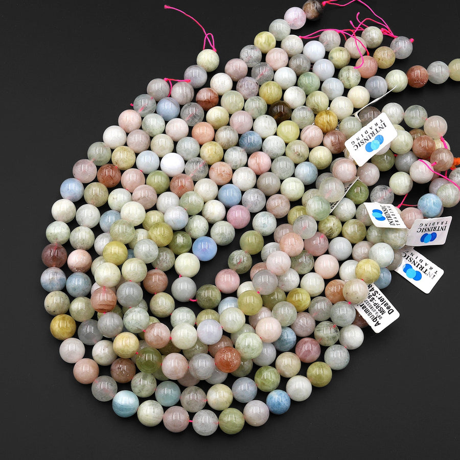 Large Natural Blue Green Aquamarine Pink Morganite Round Beads 6mm 8mm 10mm 12mm 14mm 16mm 15.5" Strand