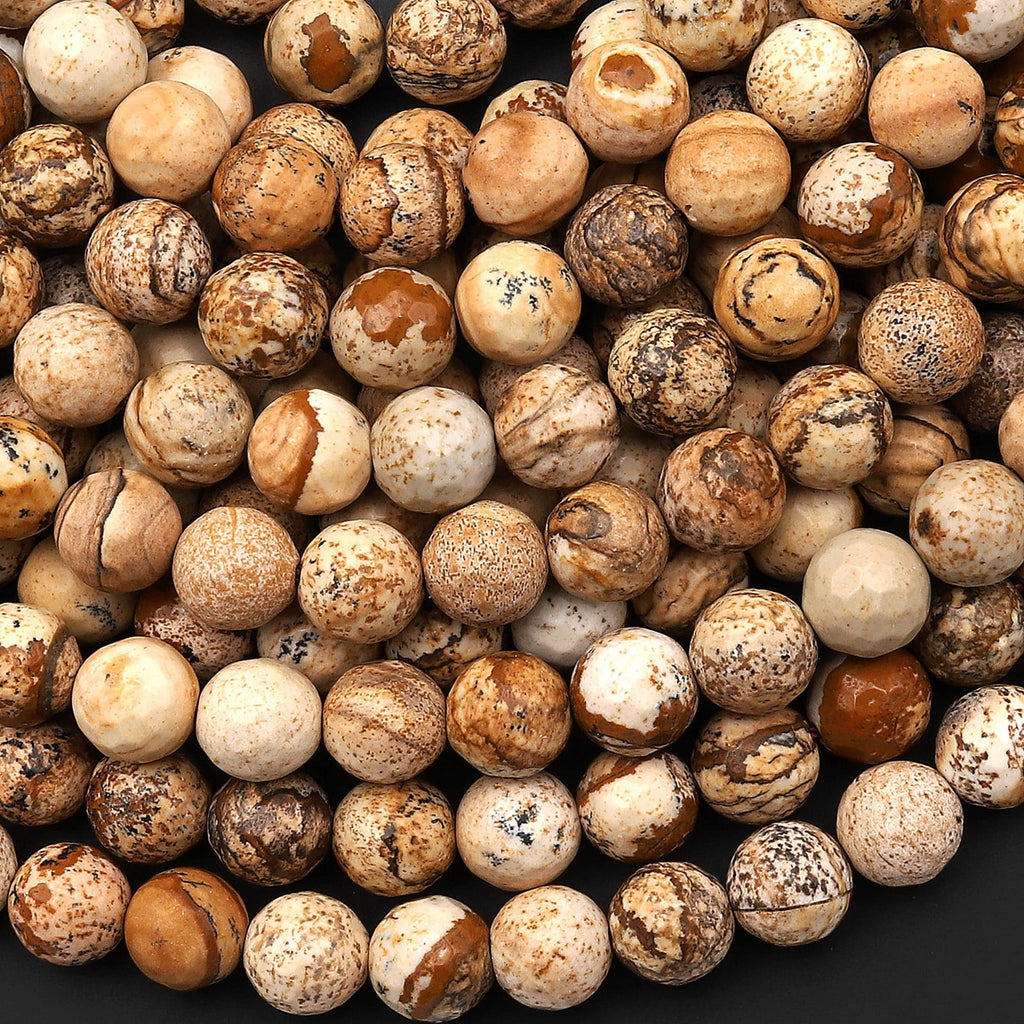 Faceted Natural Picture Jasper 4mm 6mm 8mm 10mm 12mm 14mm Round Beads Desert Jasper Earthy Yellow Brown Jasper 15.5" Strand
