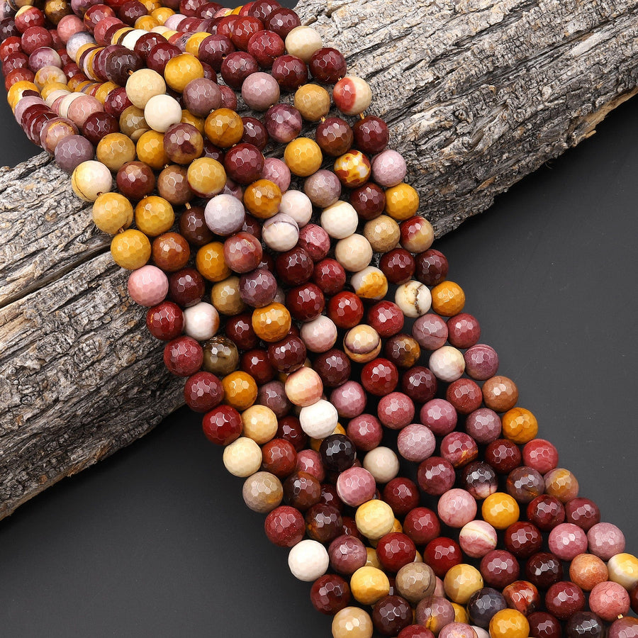 Faceted Natural Australian Mookaite Jasper Round Beads 4mm 6mm 8mm 10mm 12mm Sunset Colors Red Yellow Maroon Red 15.5" Strand