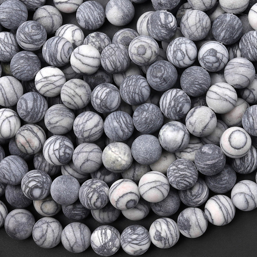 Matte Natural Black Spider Web Jasper 4mm 6mm 8mm 10mm Round Beads 15.5" Strand