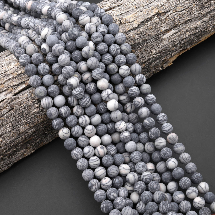 Matte Natural Black Spider Web Jasper 4mm 6mm 8mm 10mm Round Beads 15.5" Strand