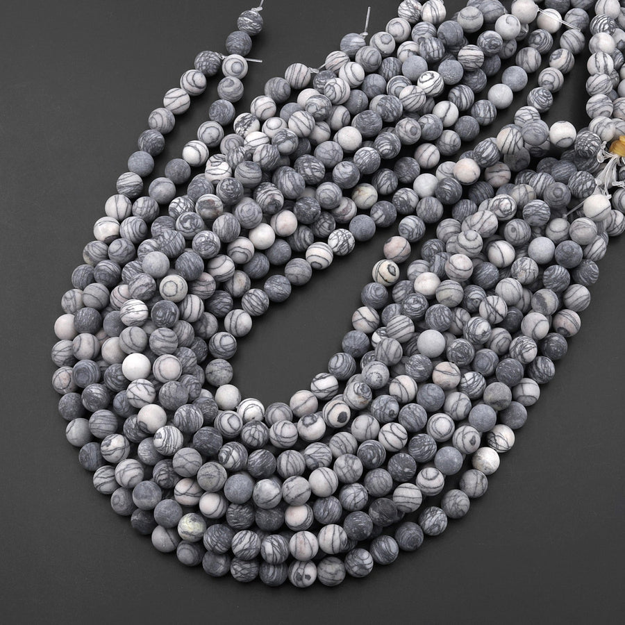 Matte Natural Black Spider Web Jasper 4mm 6mm 8mm 10mm Round Beads 15.5" Strand